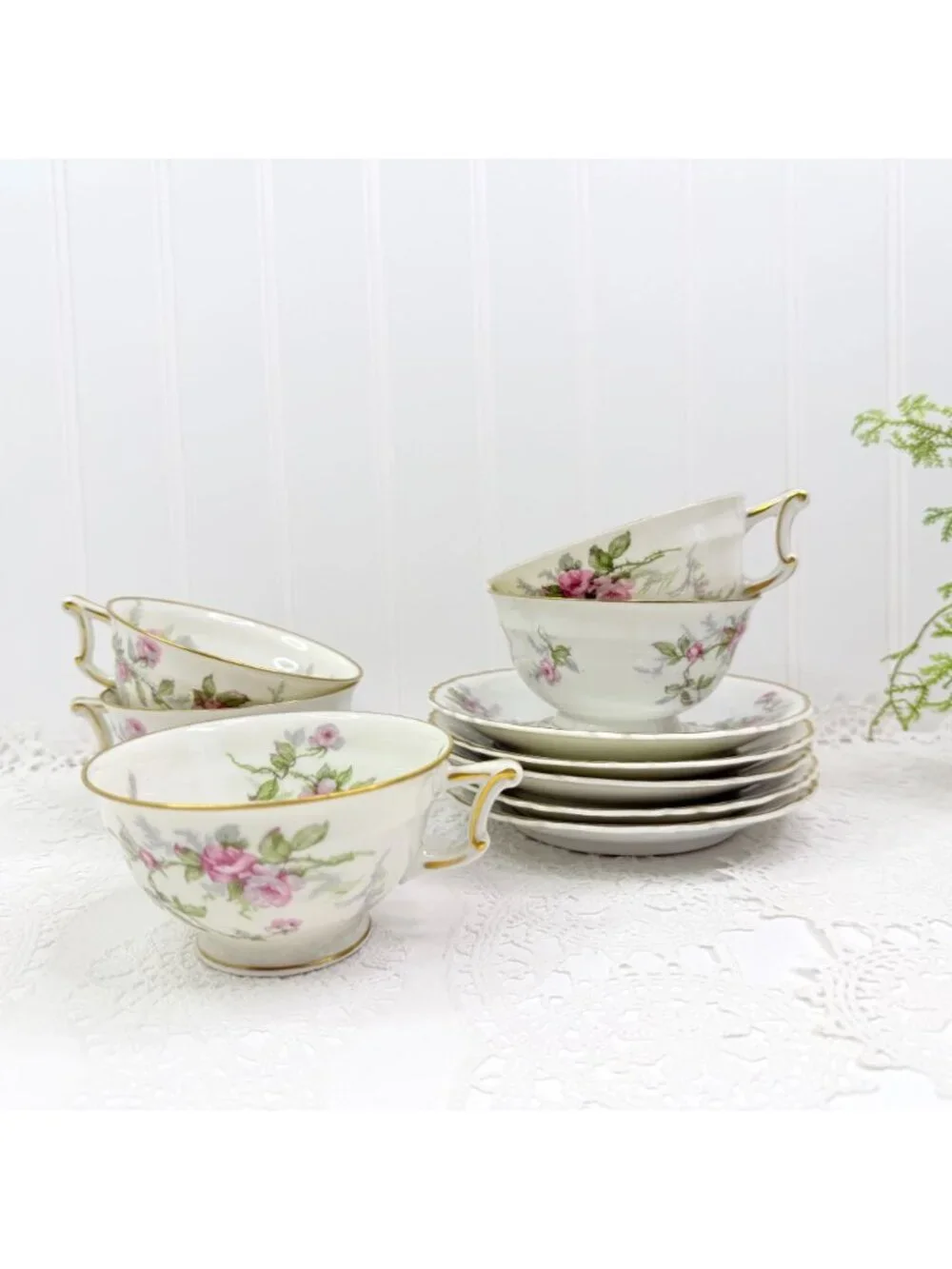 VTG Set of 5 Haviland Limoges Sylvia Teacups & Saucers Pink Roses Cottagecore